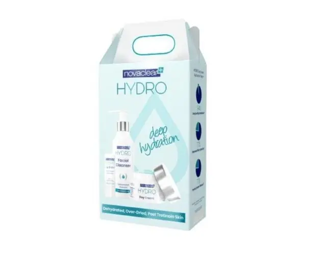 Set cadou Cosmetice pentru hidratarea intensa a tenului cu Acid Hialuronic, Hydro Novaclear, 215 ml Crema de zi 50ml, Cleanser 150ml si balsam de buze cu acid hialuronic 15ml