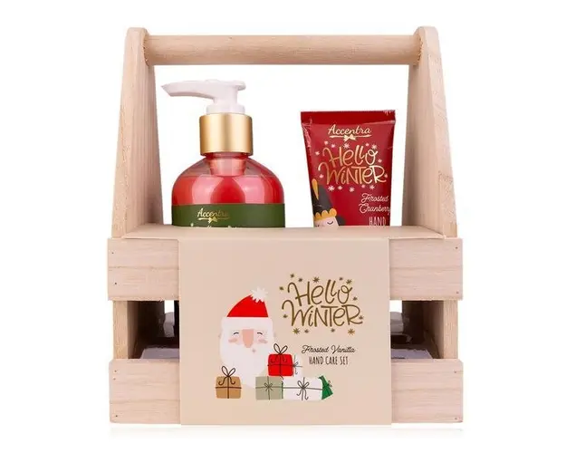 Set cadou craciun in cutie din lemn pentru ingrijire maini Hello Winter, Gel sapun 240ml, Crema pentru maini 60ml 