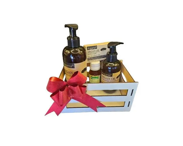 Set cadou cutie lemn, produse cosmetice cu ulei de argan, Argana, lotiune de corp 400 ml, gel de dus 200 ml, ulei fraicheur 60 ml, sapun 40 gr