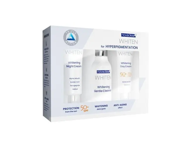 Set cadou de albire cu efect depigmentant, Whiten Novaclear, Cleanser 150ml spf 50 50ml + Crema de noapte depigmentanta 50ml
