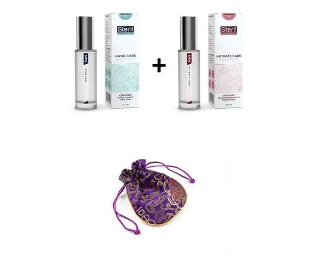 Set cadou de calatorie cu lotiune pentru igiena intima (30ml) si lotiune pentru &icirc;ntretinerea m&acirc;inilor (30ml) plus cadou saculet Steril Travel