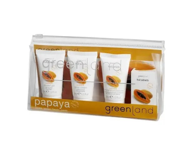 Set cadou ingrijire corp, cu papaya, crema corp 30ml, gel dus 30ml, sampon 30ml, sapun solid 30g, Greenland
