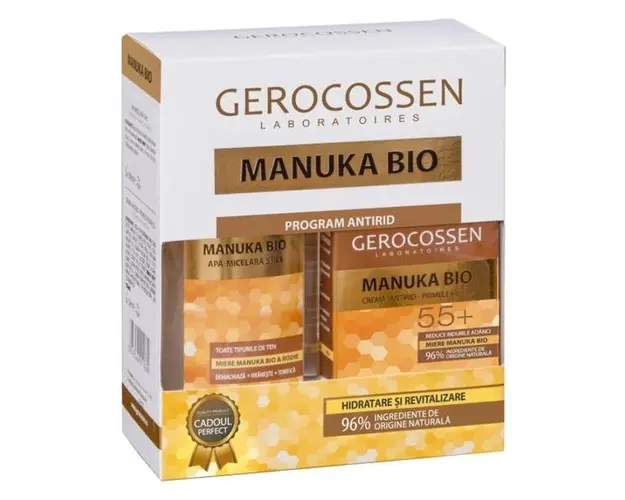 Set Cadou Manuka Bio - Crema Antirid pentru Riduri Profunde 55+, 50 ml si Apa Micelara 3 in 1, 300 ml, Gerocossen, 1 pachet
