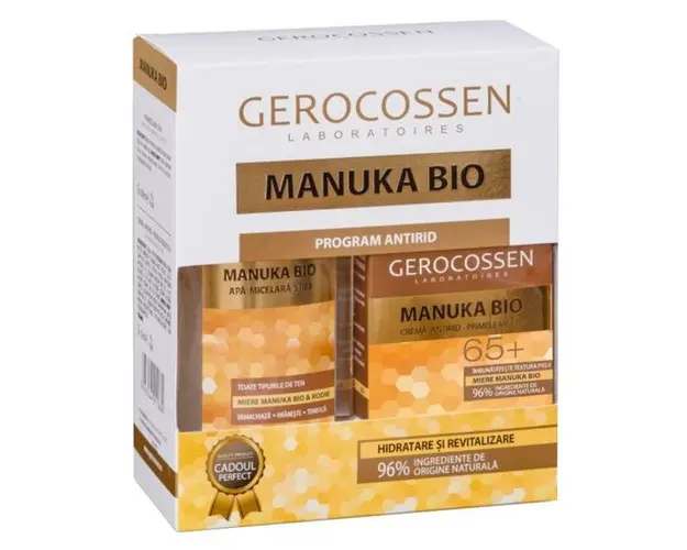 Set Cadou Manuka Bio - Crema Antirid Reparatoare 65+, 50 ml si Apa Micelara 3 in 1, 300 ml, Gerocossen, 1 pachet
