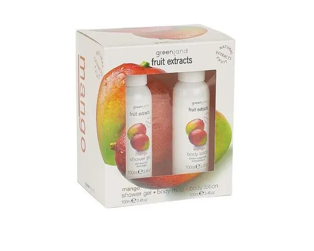 Set cadou mic, cu mango, lotiune corp 100ml, gel dus 100ml, loofa, Greenland