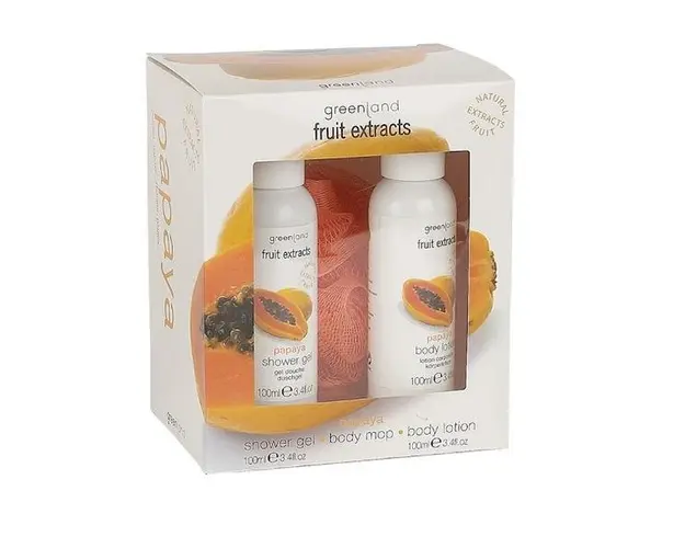Set cadou mic, cu papaya, lotiune corp 100ml, gel dus 100ml, loofa, Greenland