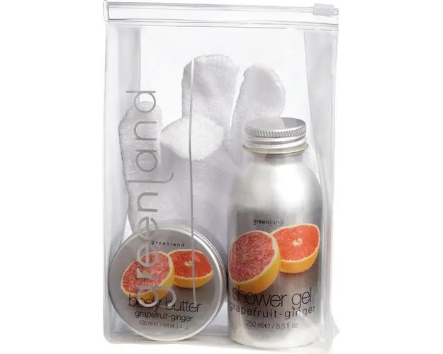 Set cadou mic Spicy (Ghimbir si Grepfruit), gel de dus 250ml, unt de corp 100g si manusa baie, Greenland