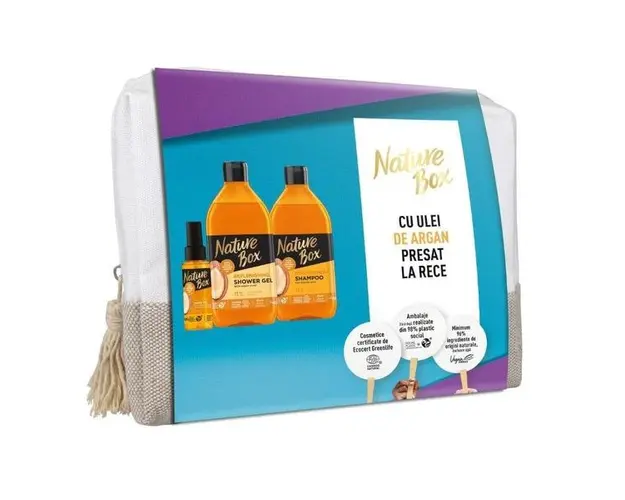 Set Cadou Nature Box cu Ulei de Argan Presat la Rece: Sampon 385 ml + Gel de Dus 385 ml + Ulei Tratament pentru Par 70 ml