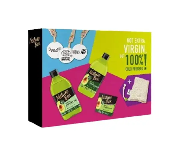 Set Cadou Nature Box cu Ulei de Avocado Presat la Rece: Sampon Solid 85 g + Balsam 385 ml + Gel de Dus 385 ml + Saculet Cosmetic