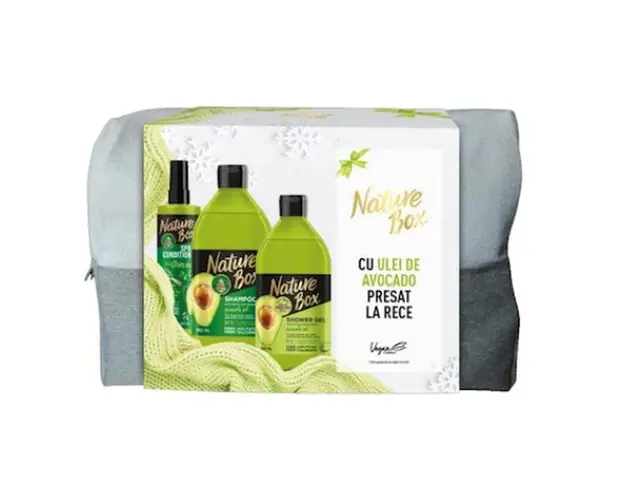 Set Cadou Nature Box cu Ulei de Avocado Presat la Rece: Sampon 385 ml + Gel de Dus 385 ml + Balsam Spray 200 ml