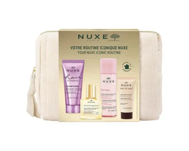 Set Cadou Nuxe Iconic Routine Apa micelara calmanta 3 in 1 30ml + Sampon 30ml + Ulei uscat multifunctional 10ml + Crema pentru maini si unghii 15ml + Trusa cosmetice