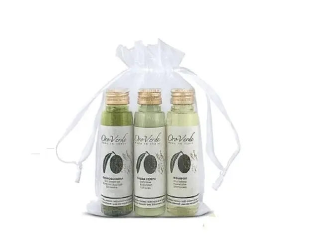 Set cadou Oroverde - 1 x Sampon 35 ml,1 x Gel de dus 35 ml, 1 x Crema de corp 35 ml, cu Extract de Ulei de Masline, ambalate in saculet din organza