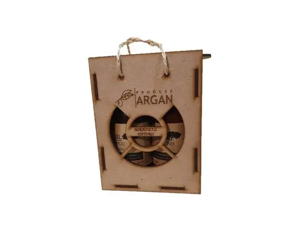 Set cadou rustic, argan, cutie lemn, sampon Argana 200 ml+ balsam par Argana 200 ml