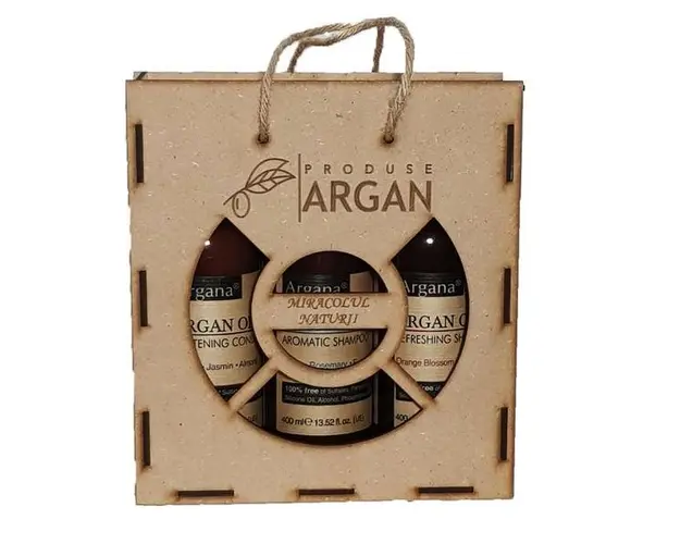 Set cadou rustic argan cutie lemn sampon cu ulei argan 400 ml+balsam par cu ulei argan 400 ml+gel de dus cu ulei argan 400 ml