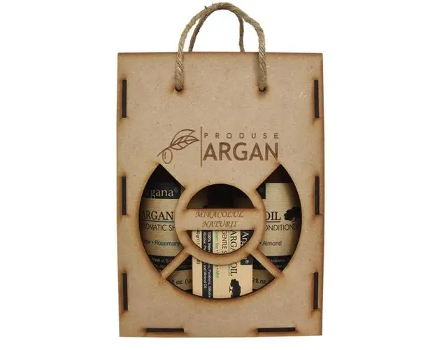 Set cadou rustic argan cutie lemn sampon cu ulei argan 400 ml+balsam par cu ulei argan 400 ml+sapun cu ulei argan 40 gr