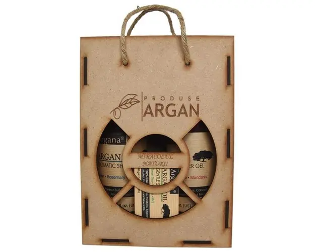 Set cadou rustic argan cutie lemn sampon cu ulei argan 400 ml+sapun cu ulei argan 40 gr+gel de dus cu ulei argan 400 ml