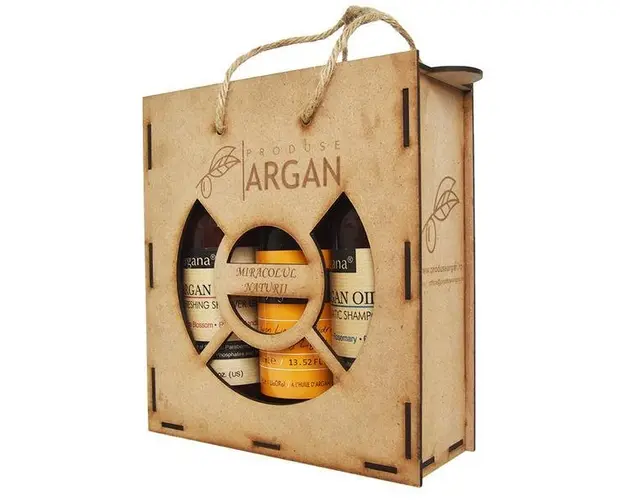 Set cadou rustic argan cutie lemn sampon cu ulei argan 400 ml+sapun lichid cu ulei argan 400 ml+gel de dus cu ulei argan 400 ml
