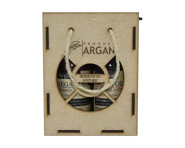 Set cadou rustic, argan, cutie lemn, sampon cu ulei de argan Argana 200 ml+ gel de dus cu ulei de argan Argana 200 ml