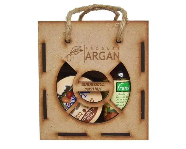 Set cadou rustic argan cutie lemn - ulei argan fraicheur 60 ml+crema cu ulei argan 100 ml+sapun cu ulei argan 40 gr