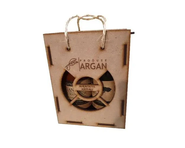 Set cadou rustic, argan, cutie lemn , ulei masaj Argana 200 ml+ lotiune corp Argana 200 ml
