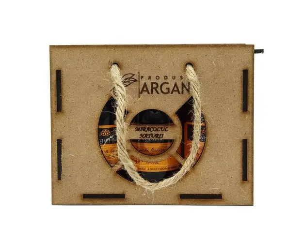 Set cadou rustic, cutie lemn, Sampon&amp;Balsam cu ulei de argan, Arganine, 90 ml + Gel de dus cu ulei de argan, Arganine, 90 ml + Lotiune de corp cu ulei de argan, Arganine, 90 ml