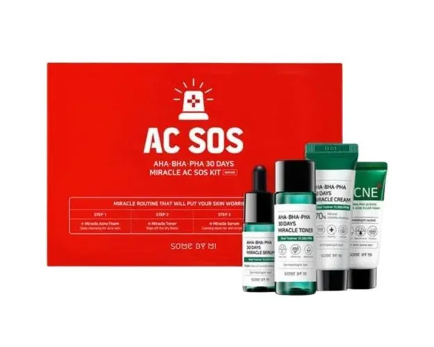 Set cadou S O S anti-imperfectiuni cu AHA-BHA-PHA, Toner 30 ml, Spuma 30 ml + Serum 10 ml, Crema 20 g, Some By Mi
