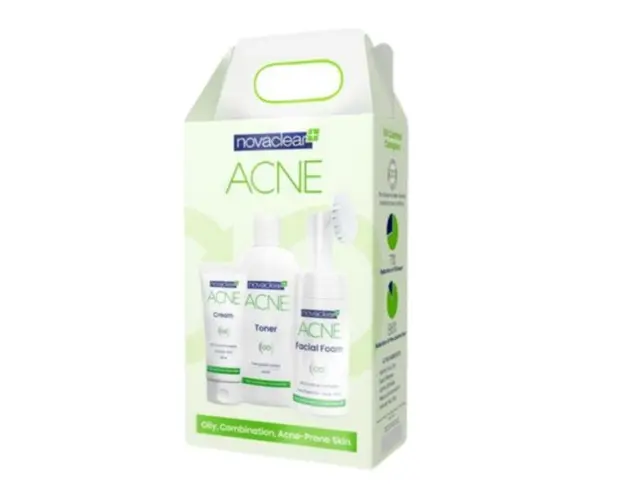 Set cadou Tratament anti-acnee, Acne Kit Novaclear 290ml + Spuma de curatare cu perie exfolianta 100ml + Toner 150ml + Crema cu acid salicilic 40ml