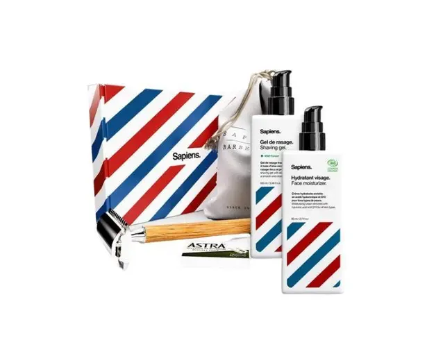 Set cadou Sapiens pentru barbierit si ingrijire fata cu aparat clasic, gel de ras si crema hidratanta after shave