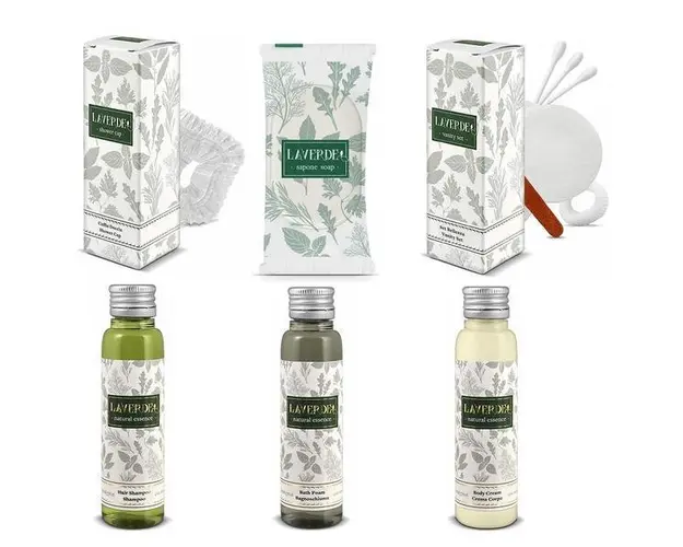 Set Cosmetice Laverde, 50 x Sampon 35 ml, 50 x Gel Dus 35 ml, 50 x Crema Corp 35 ml, 50 x Sapun Vegetal 10 g, 50 x Casca Dus, 50 x Vanity kit