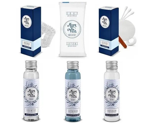 Set Cosmetice Marevita 50 x Sampon 32 ml, 50 x Sapun 10 g, 50 x Crema Corp 32 ml, 50 x Gel Dus 32 ml, 50 x Casca Dus, 50 x Vanity kit