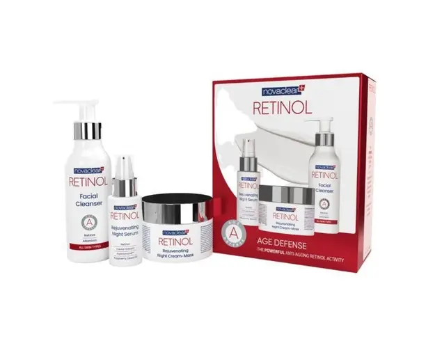 Set cosmetice pentru tratarea si preventia ridurilor cu retinol, Retinol Age Defense Box Novaclear(cleanser 150ml+ser 30ml+crema de noapte 50ml), 230ml