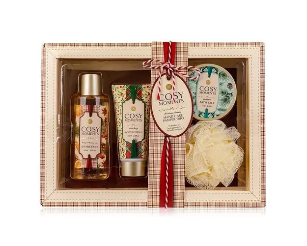 Set Cosy Moments Craciun gel de dus 150 ml cu sare de baie 70 g, lotiune de corp 60 ml, si buretel intr-o cutie cadou