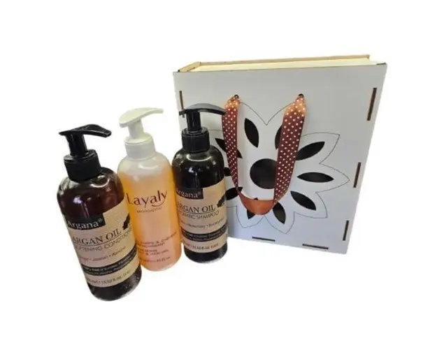 Set cutie lemn Sampon cu ulei de argan Argana 400 ml, Gel de dus Layaly 400 ml, Balsam pentru par cu ulei de argan Argana 400 ml