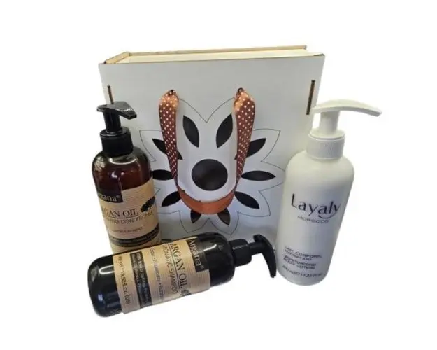 Set cutie lemn Sampon cu ulei de argan Argana 400 ml, Lotiune de corp Layaly 400 ml, Balsam pentru par cu ulei de argan Argana 400 ml