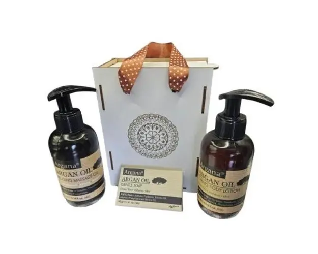 Set cutie lemn Ulei de masaj cu ulei de argan Argana 200 ml, Sapun cu ulei de argan Argana 40 gr, Lotiune de corp ulei de argan Argana 200 ml