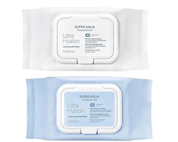 Set doua pachete cu servetele, formula cu ulei, pentru curatarea fetei, Missha Super Aqua Ultra Hyalon, 60 buc