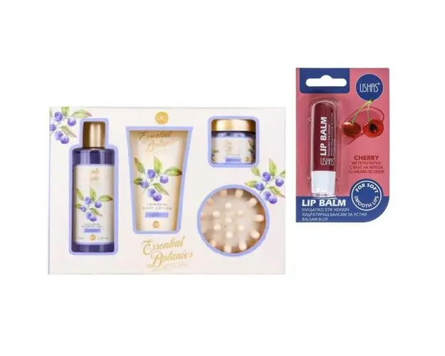 Set Accentra Essential Botanics cu spuma de baie 200ml, sare de baie, 260gr, 1 perie de masaj, Lip Balm