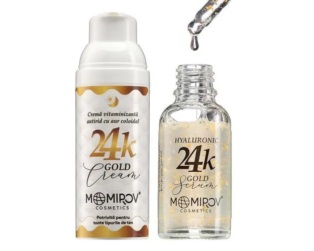 Set Facial cu Aur 24K si Acid Hialuronic, Crema 50ml + Ser 30ml