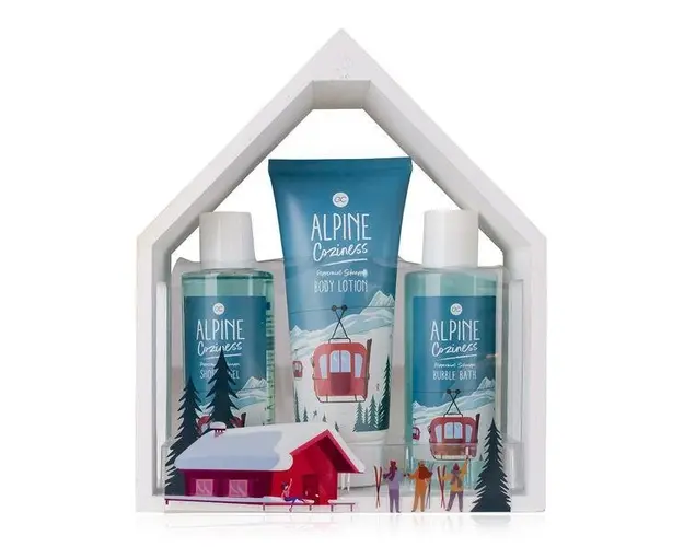 Set Accentra gel de dus 150 ml, 150 ml spuma de baie, 150 ml lotiune de corp, Alpine Coziness in cutie de lemn in forma de casa