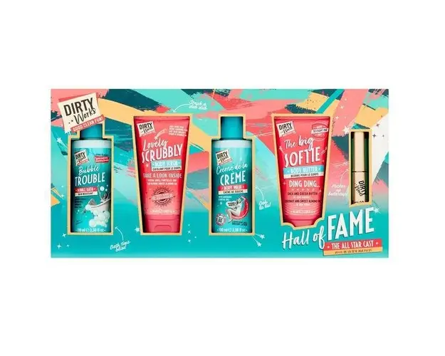 Set Hall of Fame , Dirty Works, 50 ml, Gel de dus 100 ml, Spumant 100 ml, Gel de dus exfoliant 100 ml, Balsam de buze 10 ml