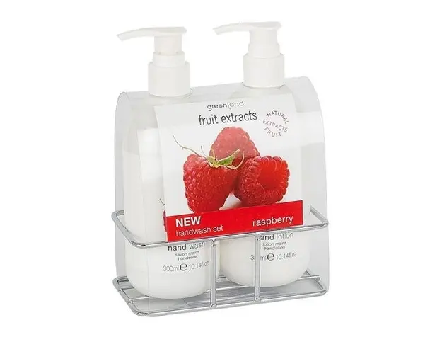 Set ingrijire maini, cu zmeura, sapun lichid 300ml si lotiune maini 300ml, Greenland
