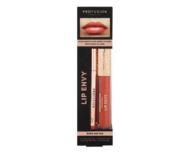 Set Luciu de Buze Ultra Neted si Lucios &amp; Creion pentru Buze cu Finish Satinat - Profusion Cosmetics Lip Envy Nude Nectar, 1 pachet