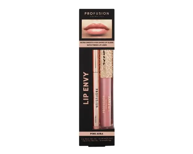 Set Luciu de Buze Ultra Neted si Lucios &amp; Creion pentru Buze cu Finish Satinat - Profusion Cosmetics Lip Envy Pink Aura, 1 pachet