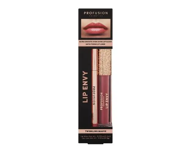 Set Luciu de Buze Ultra Neted si Lucios &amp; Creion pentru Buze cu Finish Satinat - Profusion Cosmetics Lip Envy Twinkling Mauve, 1 pachet