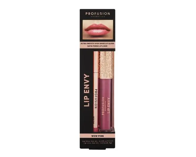 Set Luciu de Buze Ultra Neted si Lucios &amp; Creion pentru Buze cu Finish Satinat - Profusion Cosmetics Lip Envy Wow Pink, 1 pachet