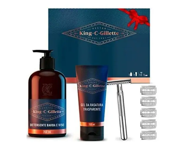 Set pentru stilizare King C. Gillette Aparat de ras cu margine dubla, 5 Lame de rezerva, Gel de ras transparent 150 ml, Gel de curatare pentru fata si barba, 350 ml