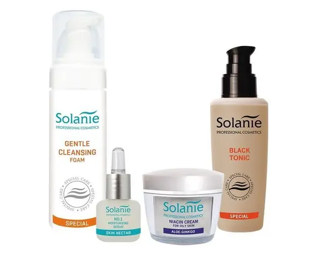Set pentru ten gras, seboreic, uscat - Solanie ( Spuma demachianta 200 ml + Lotiune tonica 125 ml + Crema 50 ml + Ser ) 