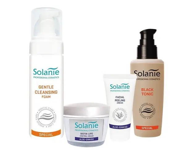 Set pentru ten gras, Solanie ( Spuma demachianta 200 ml + Lotiune 125 ml + Crema 50 ml + Crema exfolianta 50 ml ) 
