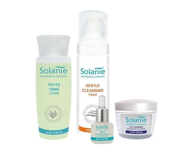 Set pentru ten uscat, sensibil - mic - Solanie ( Spuma demachianta 200 ml + Lotiune tonica 150 ml + Gel contur ochi 15 ml + Crema zi 50 ml )