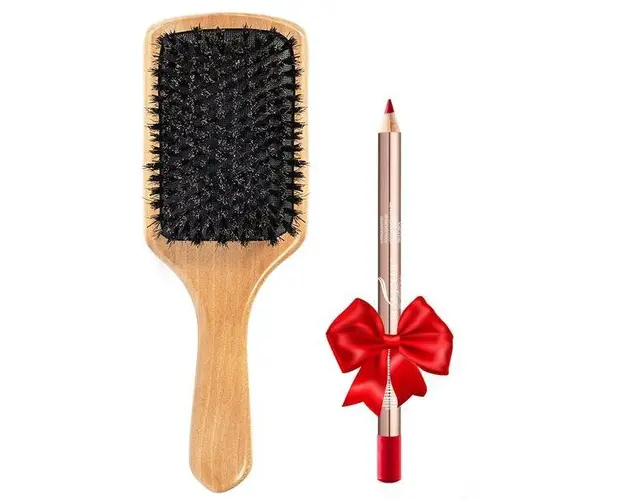 Set Perie Dreptunghiulara Profesionala Coafor Par Mistret Indreptare par, Coafare, Descalcire Maner Lemn natural Bambus + Contur Buze
